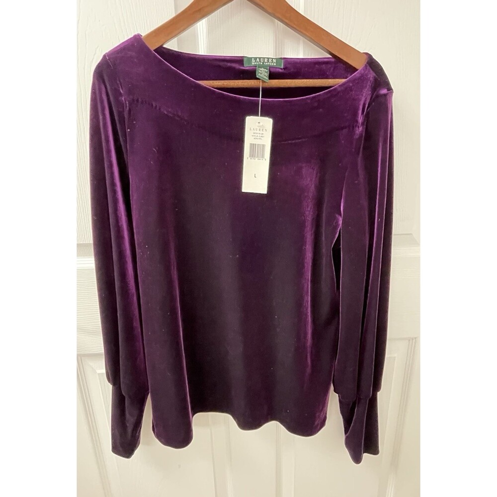 NWT Lauren Ralph Lauren Purple Velvet Long Sleeve Top Women's Size Large - Picture 3 of 13